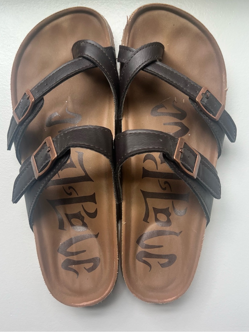 Mad Love Women’s 7 Slip On Double Buckle Cross Toe Slide Chocolate Brown Sandals
